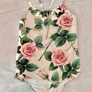 Dolce & Gabbana Girls Ivory Rose Print Swimsuit